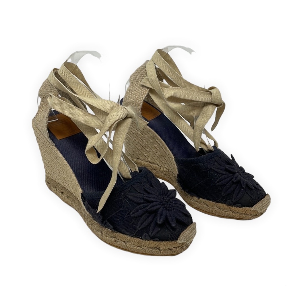 Tory Burch Wrap Ankle Wedge Espadrilles Lace Toe Navy Blue Tan_10.5 - Picture 3 of 6